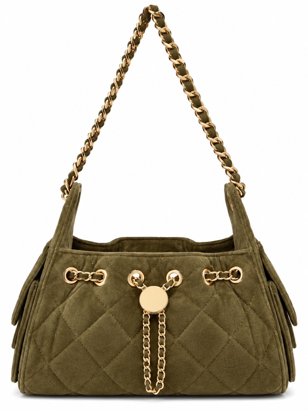 Urban Expressions Olive Quilted Suede Shoulder Bag with Gold Chain